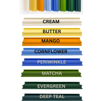 Color chart: Cream, Butter, Mango, Cornflower, Periwinkle, Matcha, Evergreen, Deep Teal