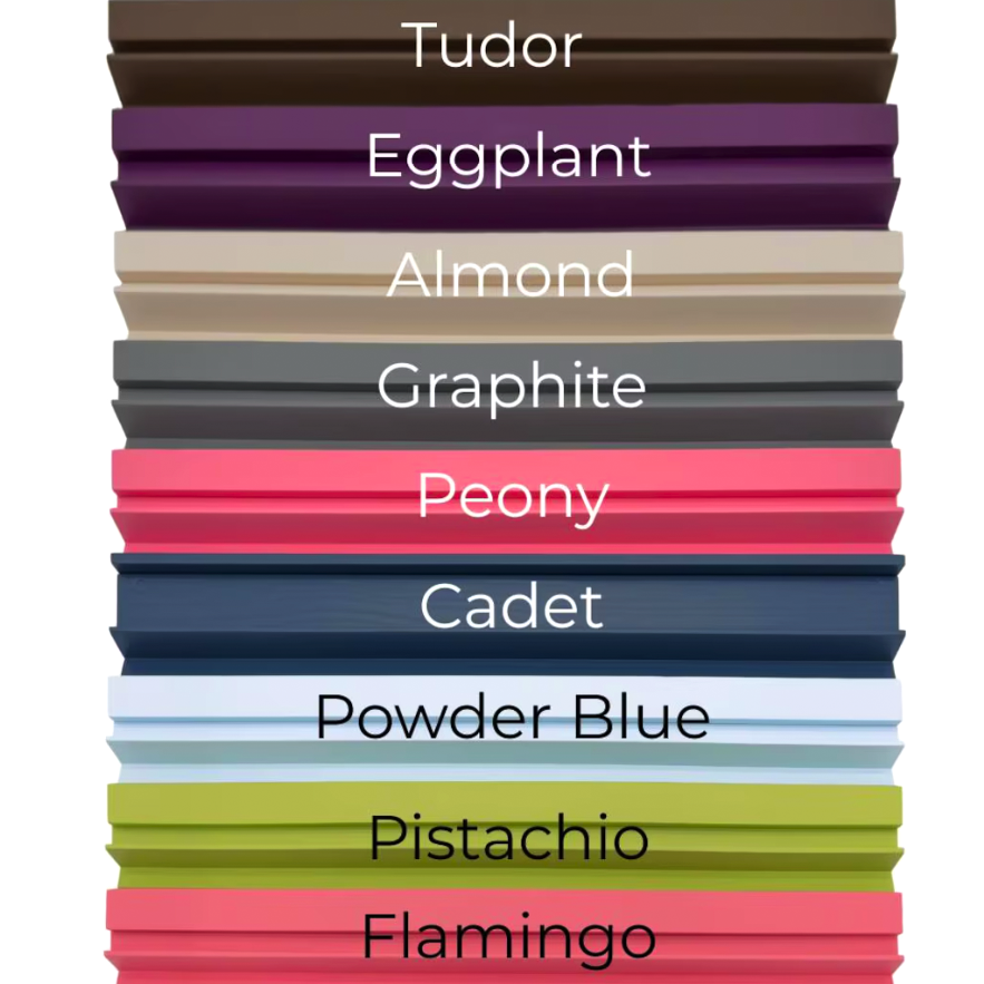 Color chart: Tudor, Eggplant, Almond, Graphite, Peony, Cadet, Powder Blue, Pistachio, Flamingo