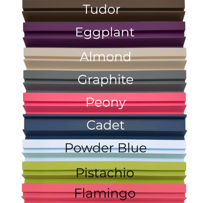 Color chart: Tudor, Eggplant, Almond, Graphite, Peony, Cadet, Powder Blue, Pistachio, Flamingo