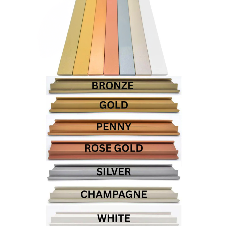 Color chart, metallic finishes: Bronze, Gold, Penny, Rose Gold, Silver, Champagne, White