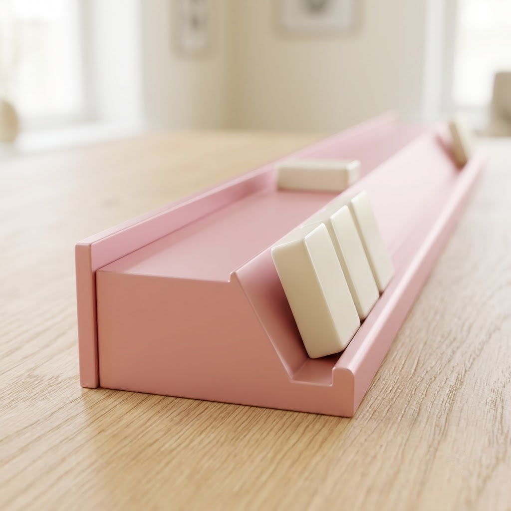 Close-up of a pink mahjong rack from the end, showing tiles leaning on the slanted ledge and the flat shelf behind