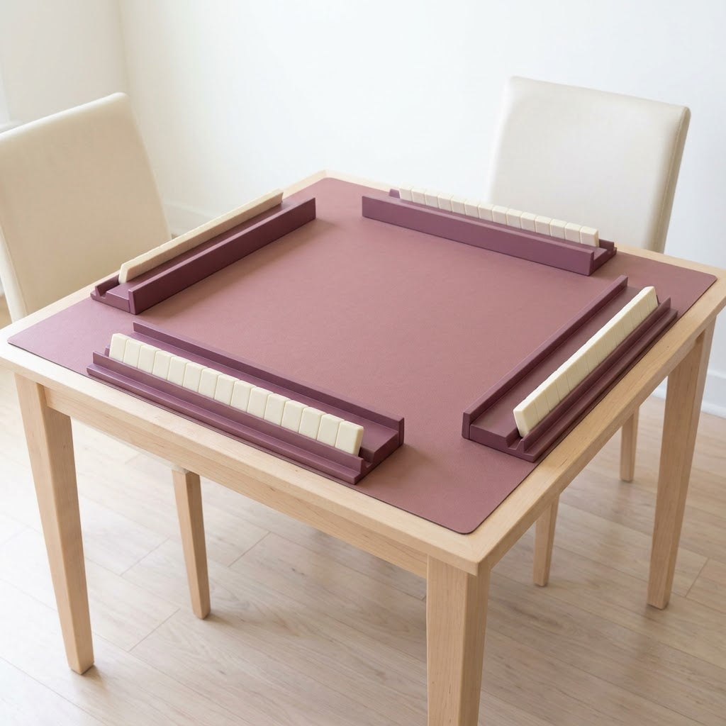 Four dusty rose mahjong racks on a matching mat on a light wood table