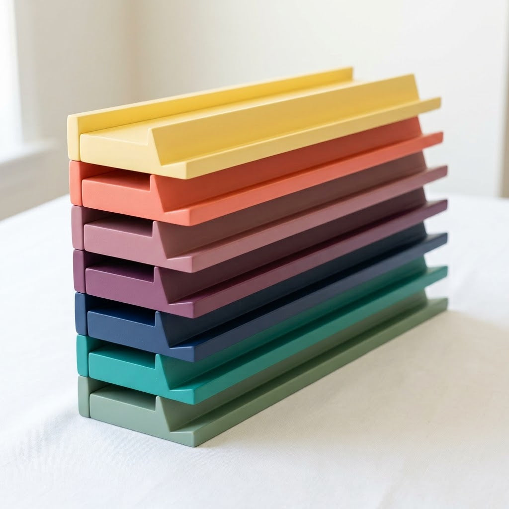 A stack of seven painted mahjong racks in seven colors, yellow to sage green