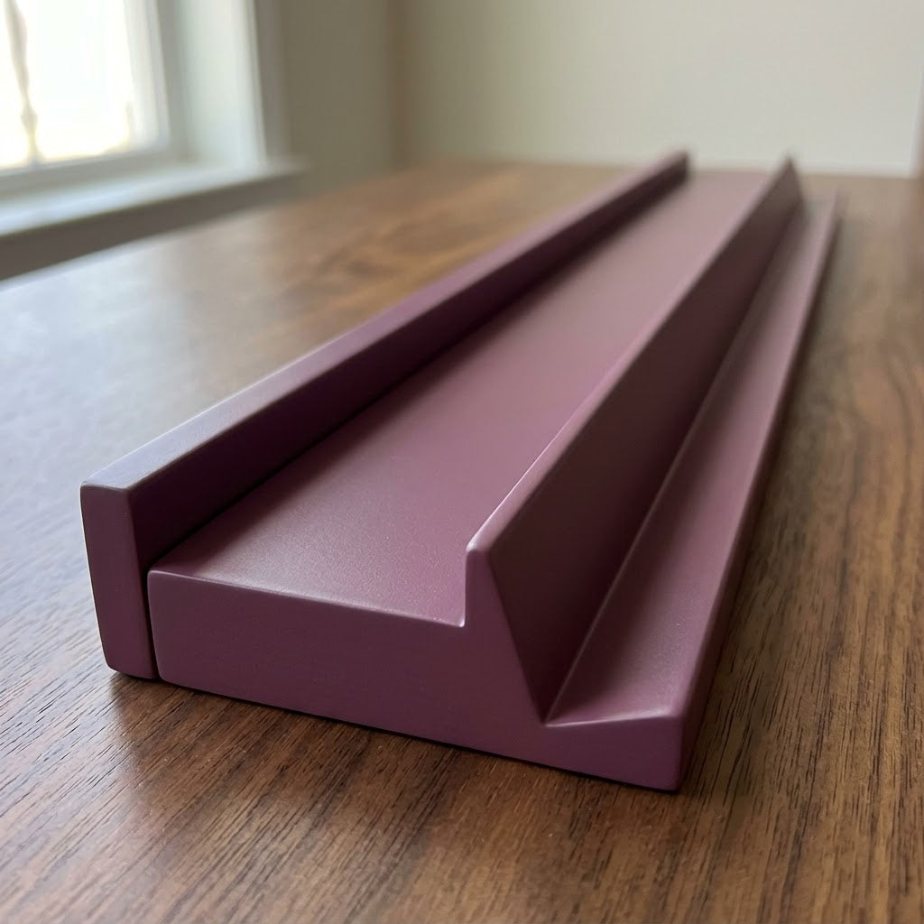 Close-up along a plum mahjong rack showing the smooth painted finish
