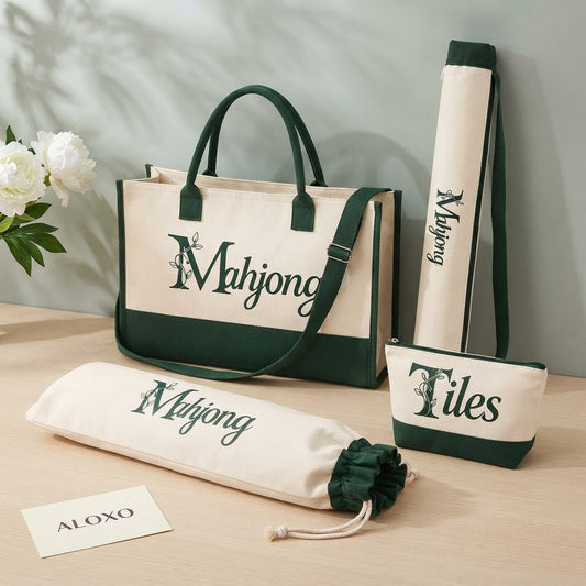 Crossbody mahjong tote set in green: tote, mat bag, pusher bag and Tiles pouch