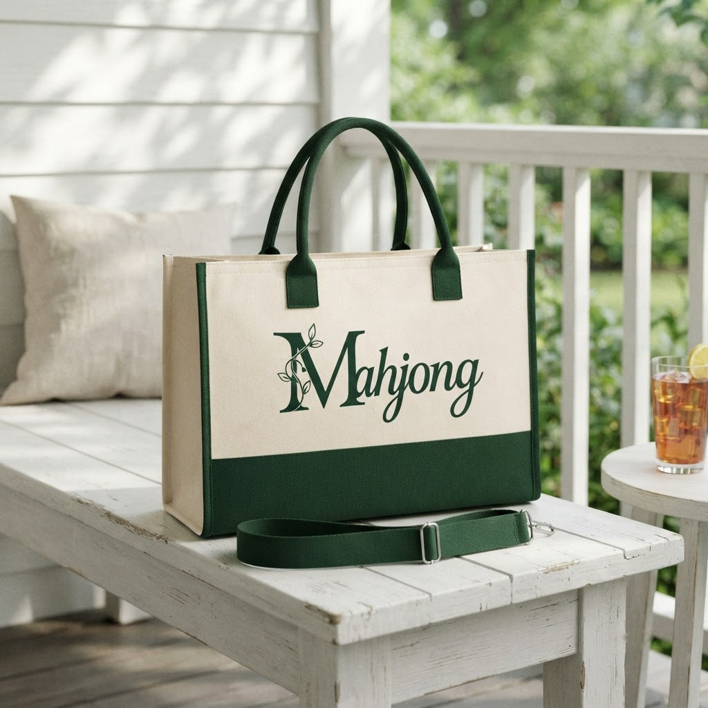Crossbody mahjong tote on a white porch bench