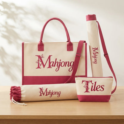 Four-piece crossbody mahjong bag set with rose pink trim