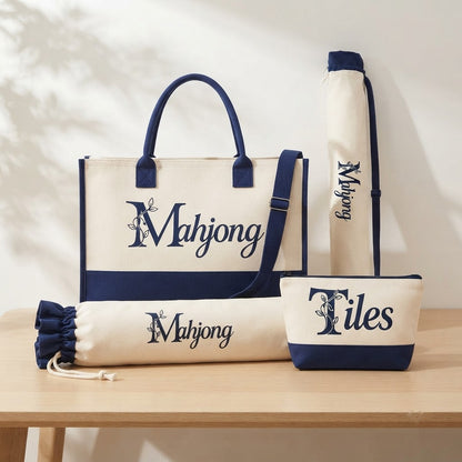 Four-piece crossbody mahjong bag set with navy trim