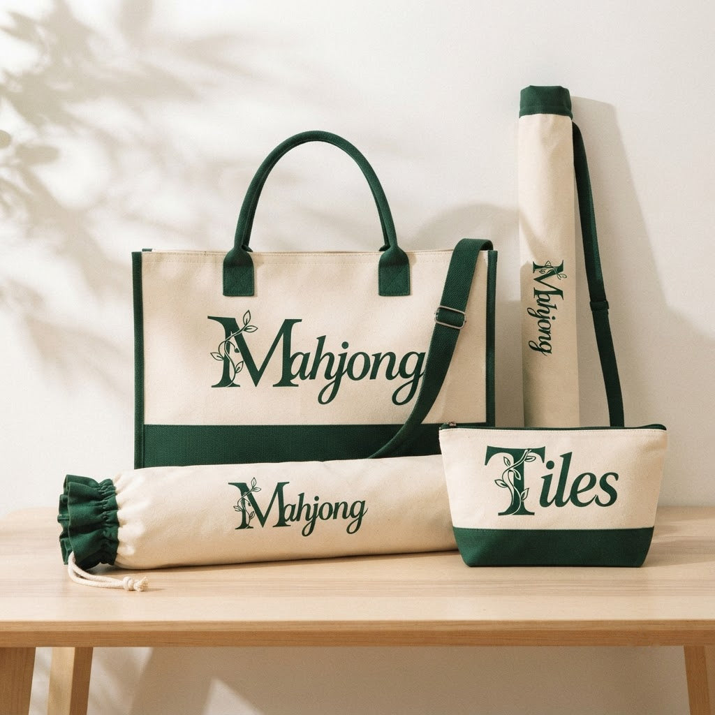 Four-piece crossbody mahjong bag set with green trim