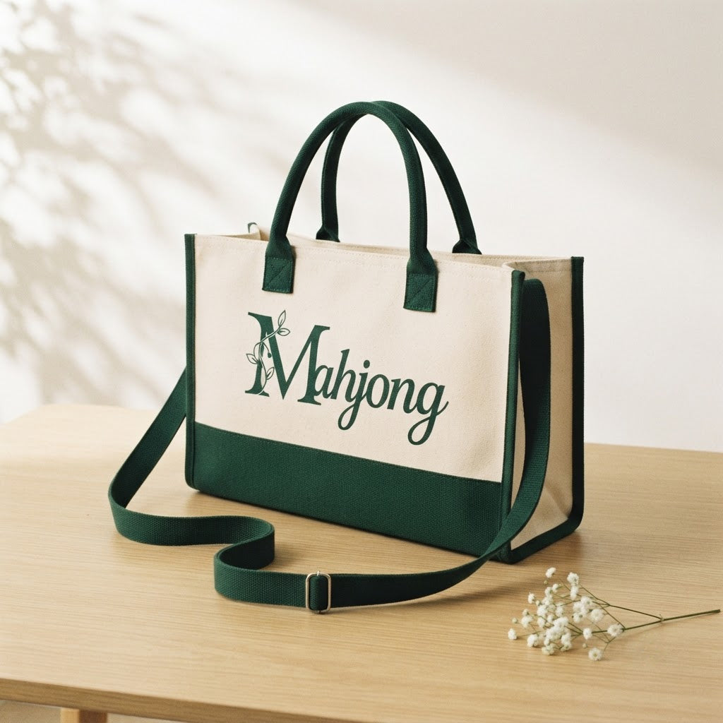 Canvas mahjong tote with green handles and an adjustable crossbody strap