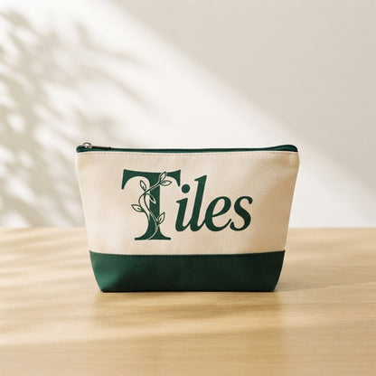 Zip tile pouch lettered Tiles in green script
