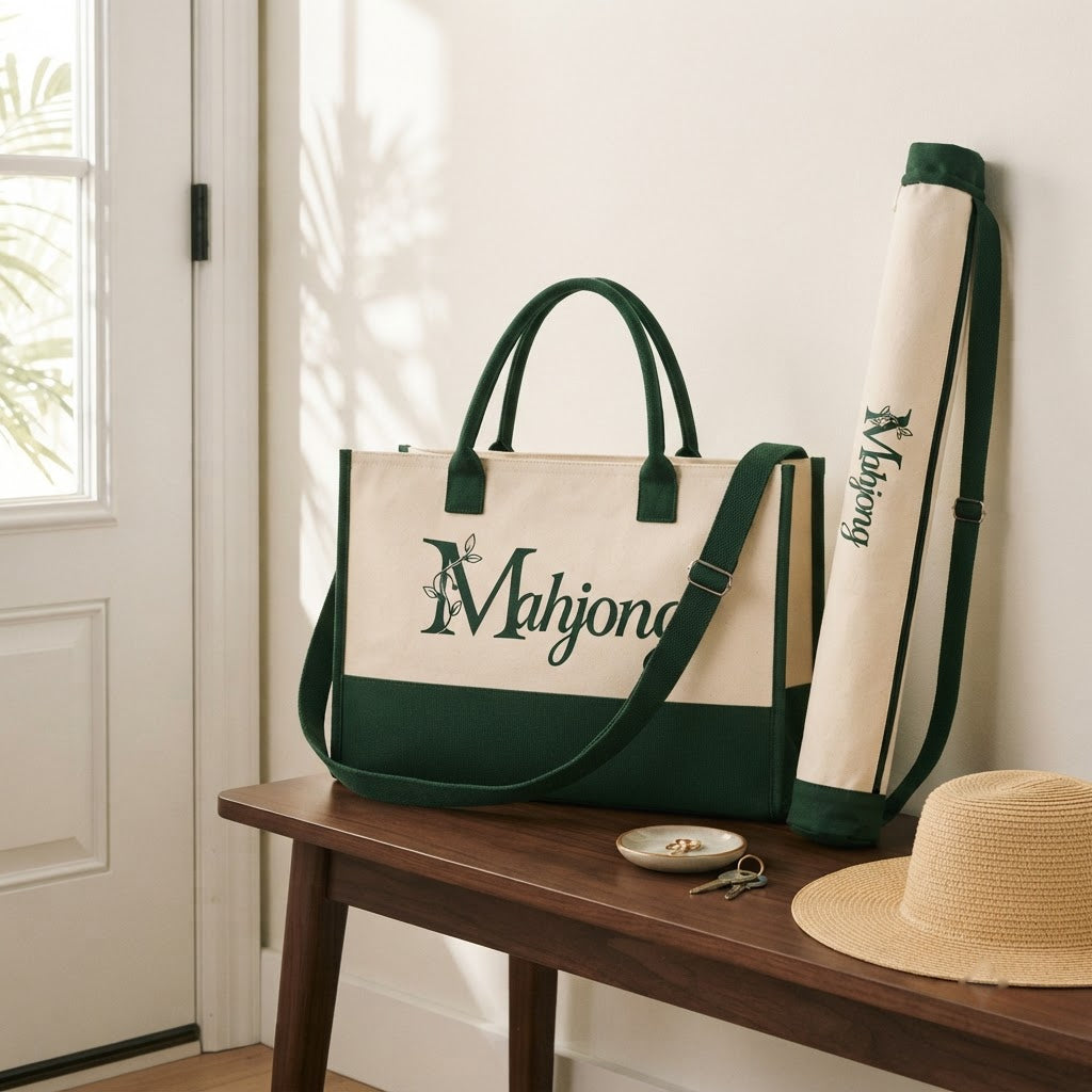 Crossbody mahjong tote and mat bag on an entry bench by the front door