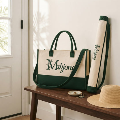 Crossbody mahjong tote and mat bag on an entry bench by the front door