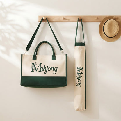 Mahjong tote and mat bag hanging from wall pegs by their straps
