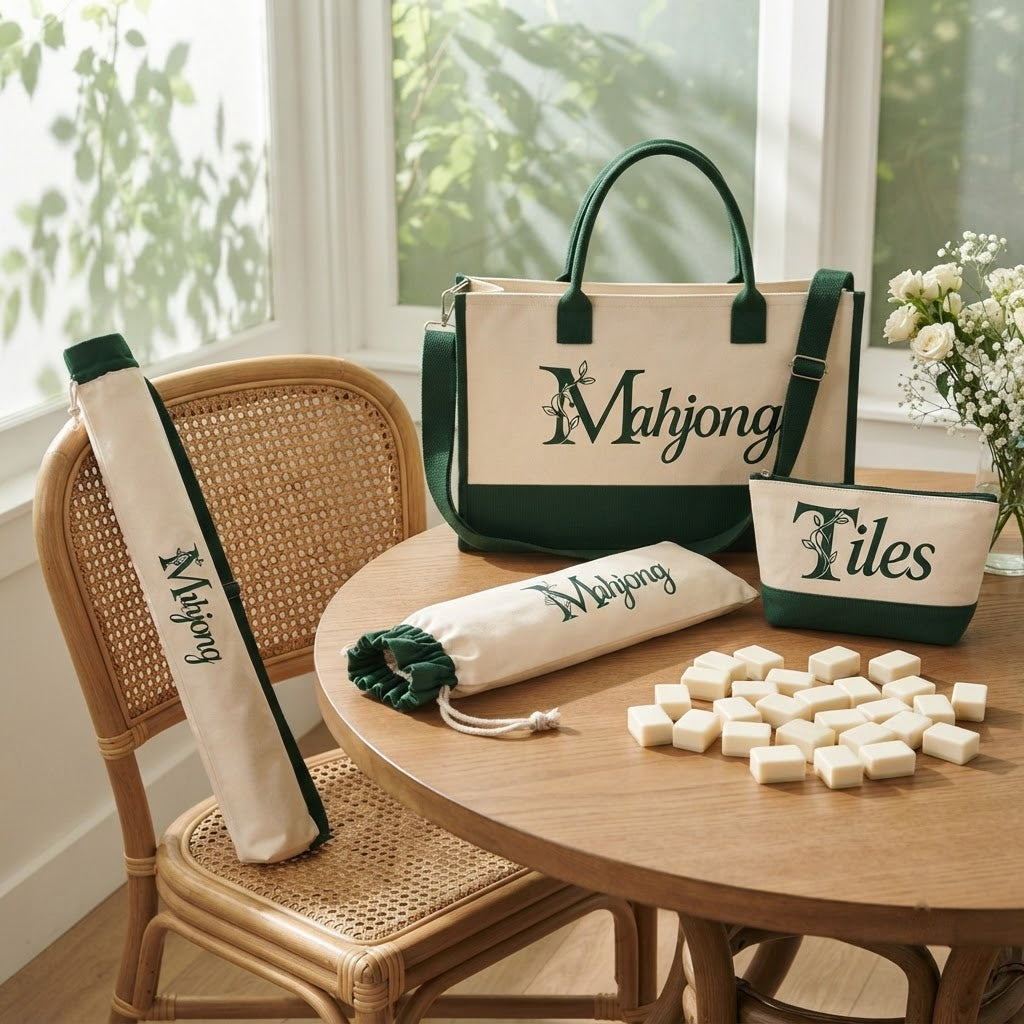 Crossbody mahjong bag set at a game table in a sunroom
