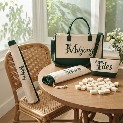 Crossbody mahjong bag set at a game table in a sunroom