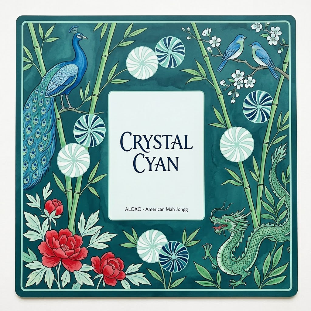 Crystal Cyan Bamboo mahjong mat, full printed artwork seen from above