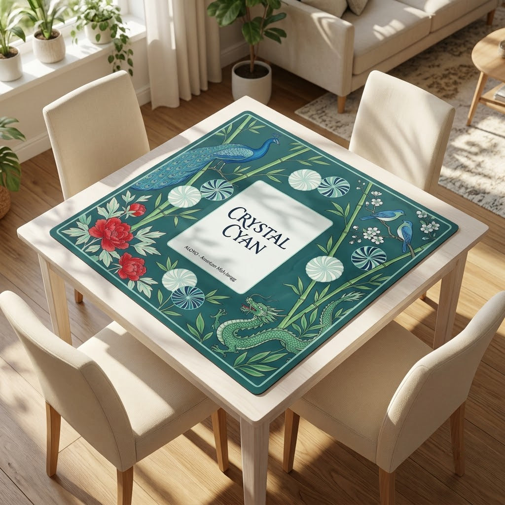 Crystal Cyan Bamboo mahjong mat on a card table with four chairs in a living room