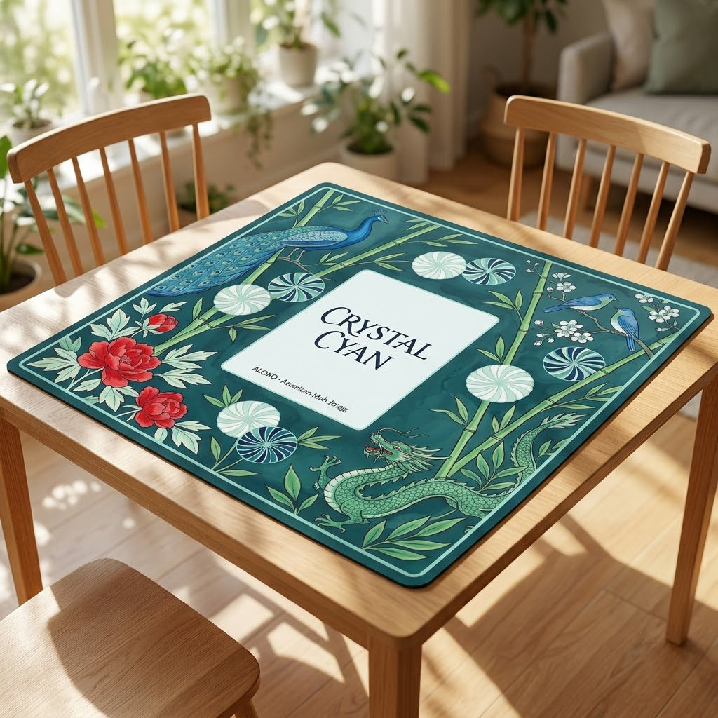 Crystal Cyan Bamboo mahjong mat covering a square card table, angled view