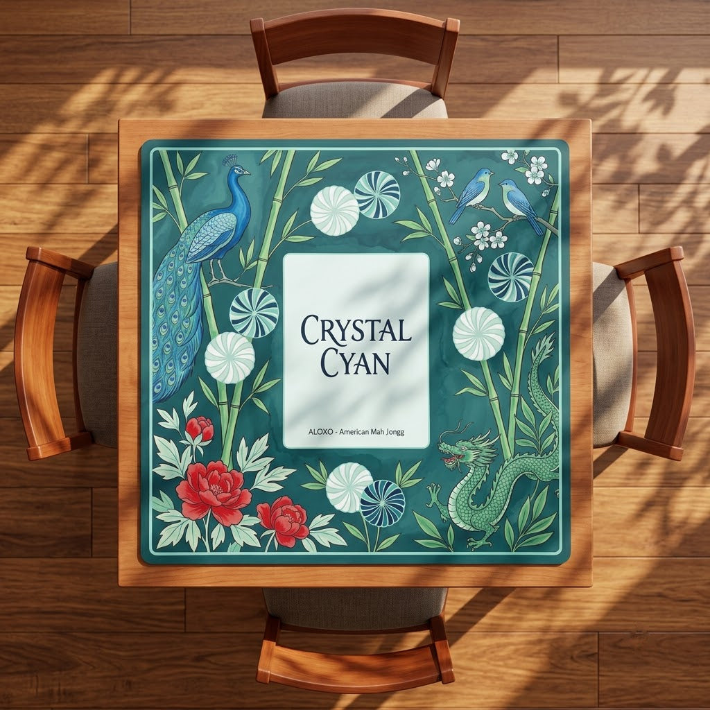 Crystal Cyan Bamboo mahjong mat on a square card table with four chairs, seen from above