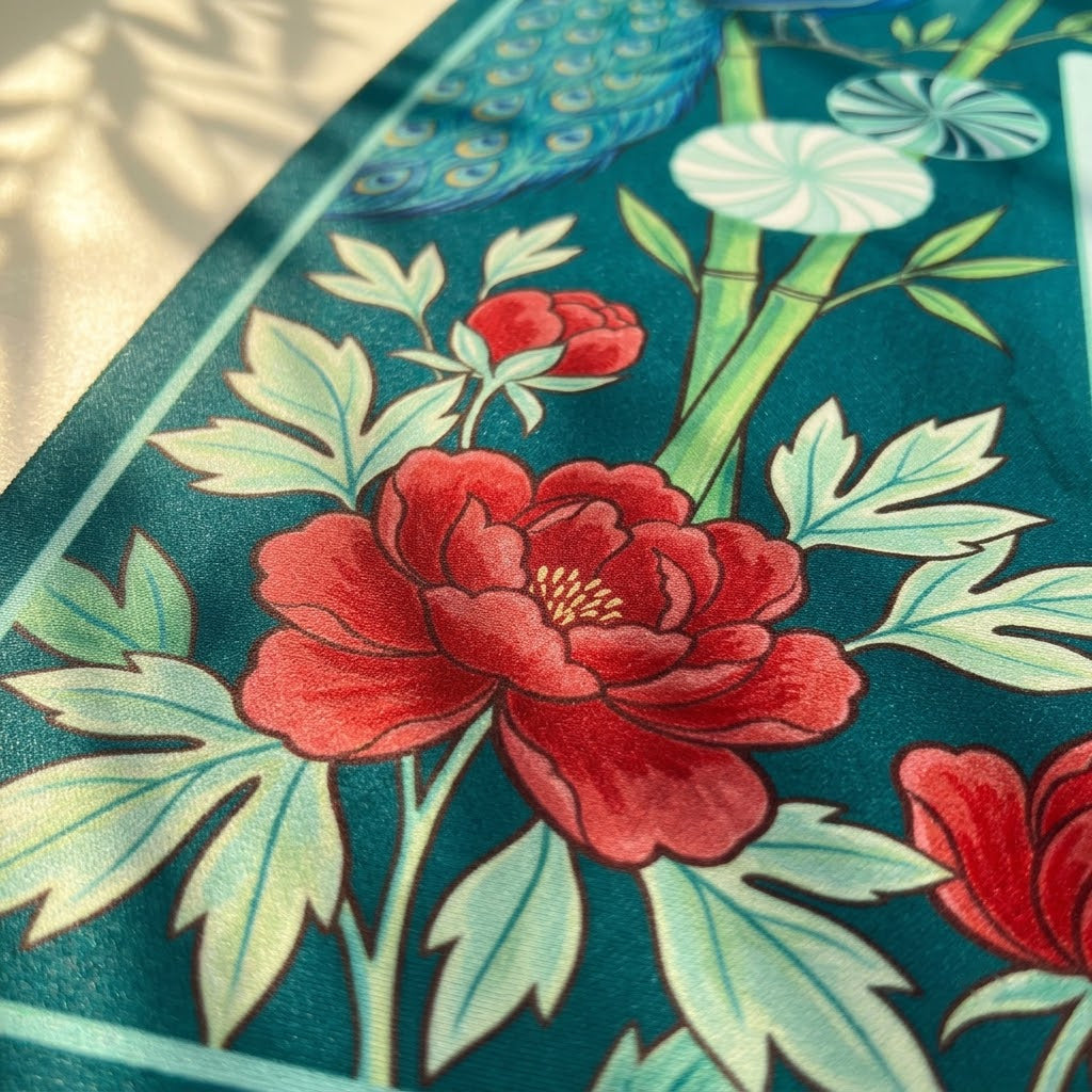 Close-up of the printed artwork on the Crystal Cyan Bamboo mahjong mat