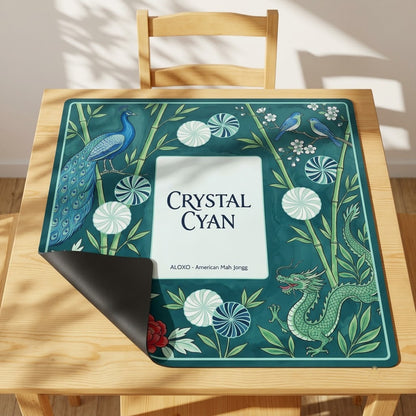 Crystal Cyan Bamboo mahjong mat with one corner folded back to show the black rubber underside