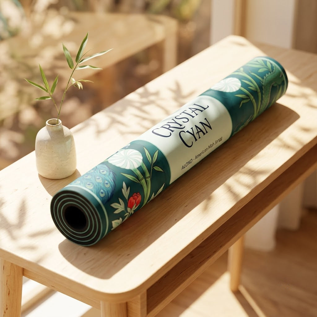 Crystal Cyan Bamboo mahjong mat rolled up on a console table