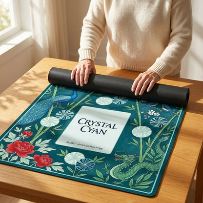 Woman unrolling the Crystal Cyan Bamboo mahjong mat across a card table