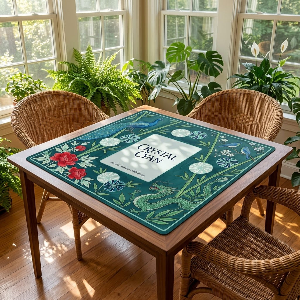 Crystal Cyan Bamboo mahjong mat on a card table in a sunroom with wicker chairs