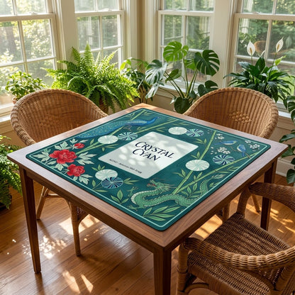 Crystal Cyan Bamboo mahjong mat on a card table in a sunroom with wicker chairs