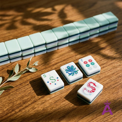 Crystal cyan mahjong tiles standing mid-game on a wooden table