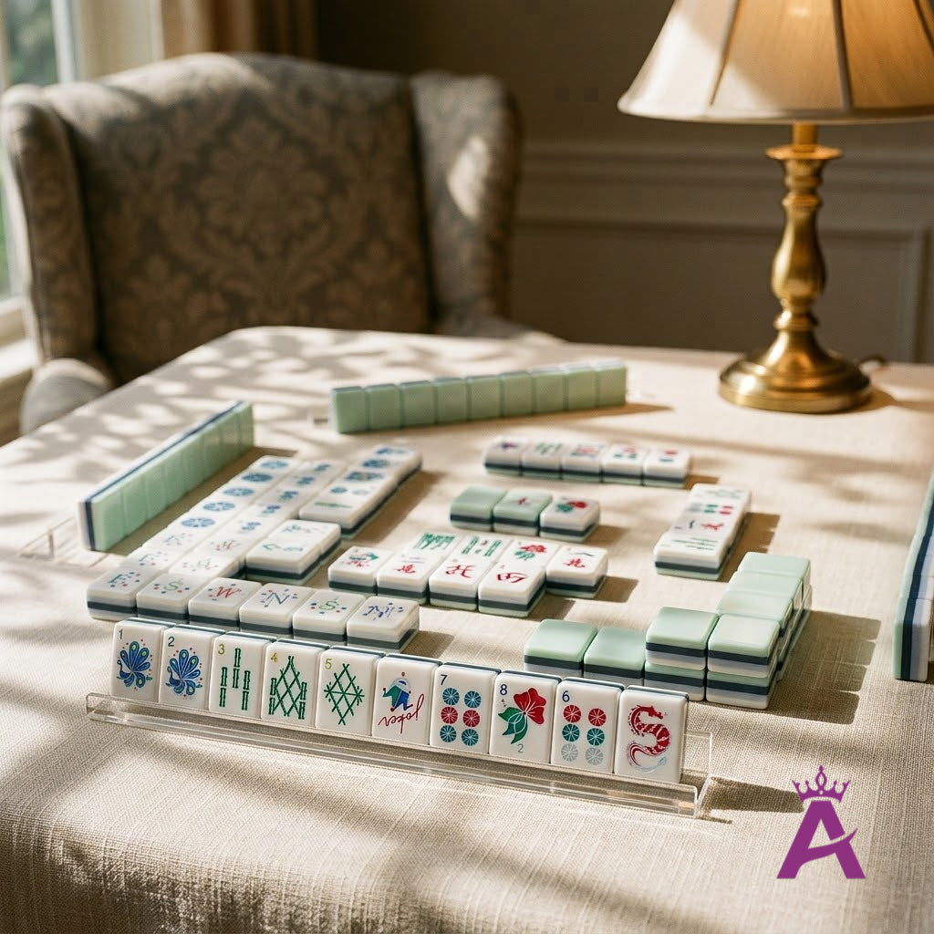 Crystal cyan mahjong set in an elegant card room