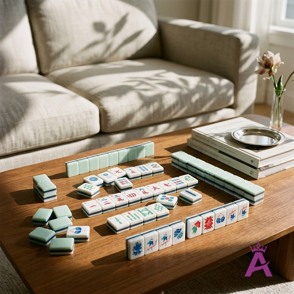 Crystal cyan mahjong tiles on a living room coffee table