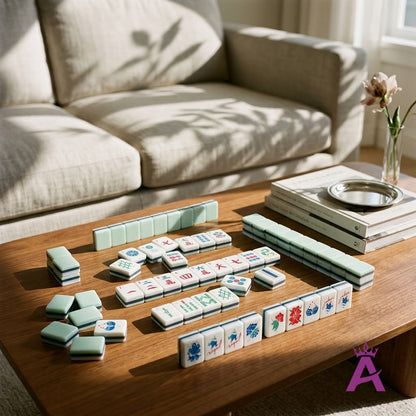 Crystal cyan mahjong tiles on a living room coffee table