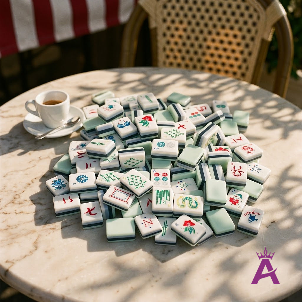 Crystal cyan mahjong tiles on a marble cafe table