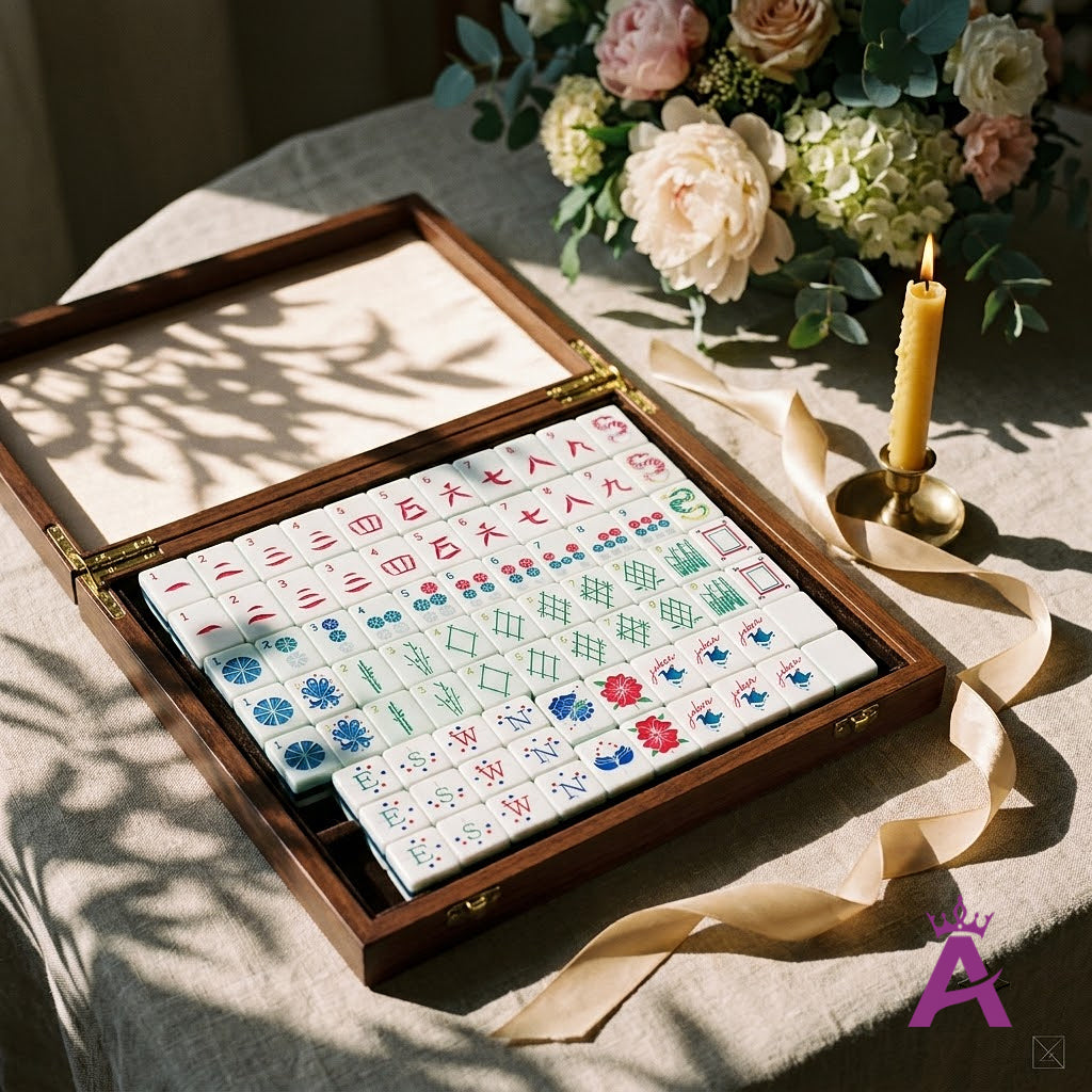Crystal cyan mahjong set in a gift case with candle and flowers