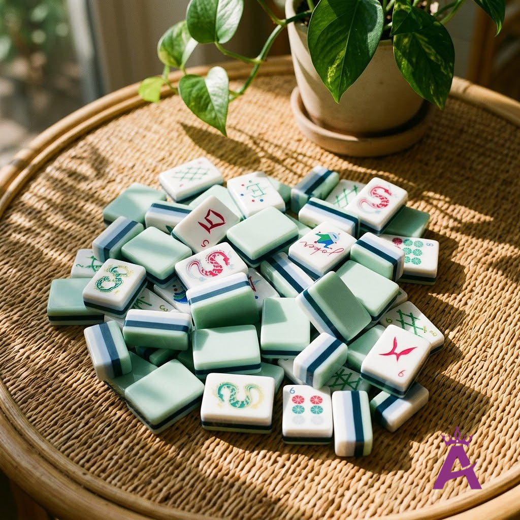 Crystal cyan mahjong tiles gathered in a rattan tray