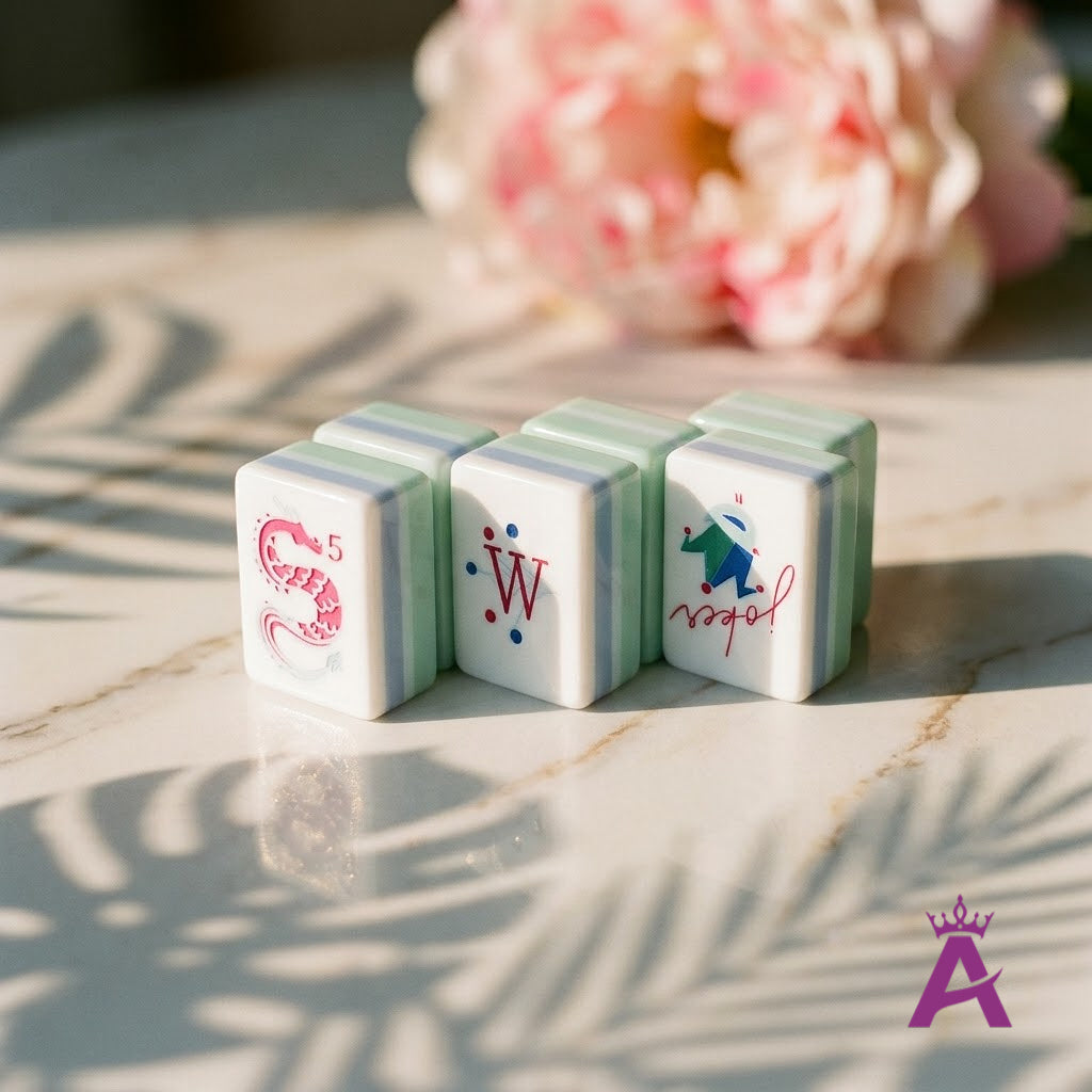 Crystal cyan mahjong tiles clustered with a peony