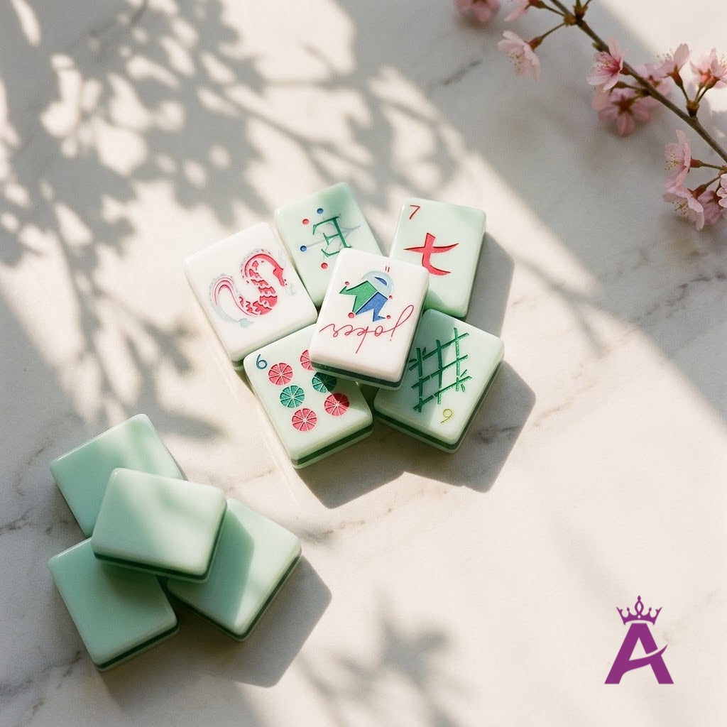 Crystal cyan mahjong tiles scattered with a blossom