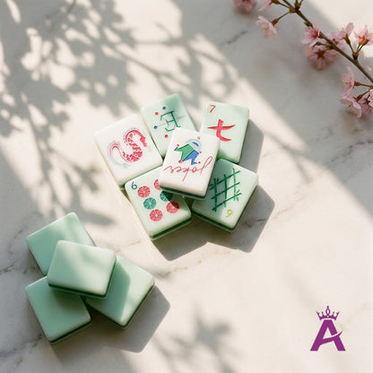 Crystal cyan mahjong tiles scattered with a blossom