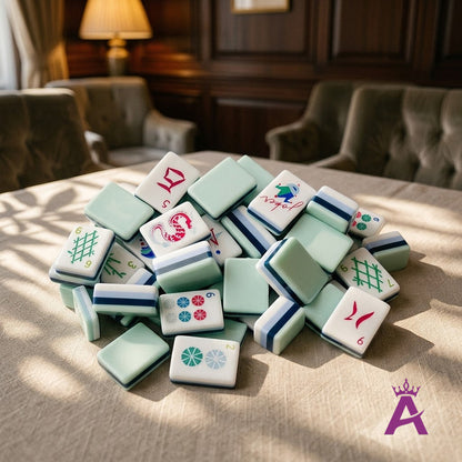Crystal cyan mahjong tiles gathered in an elegant card room
