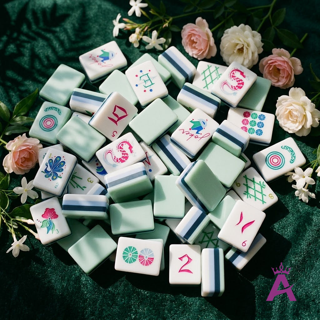Crystal cyan mahjong tiles gathered on velvet with flowers