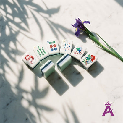 Crystal cyan mahjong tiles with an iris flower