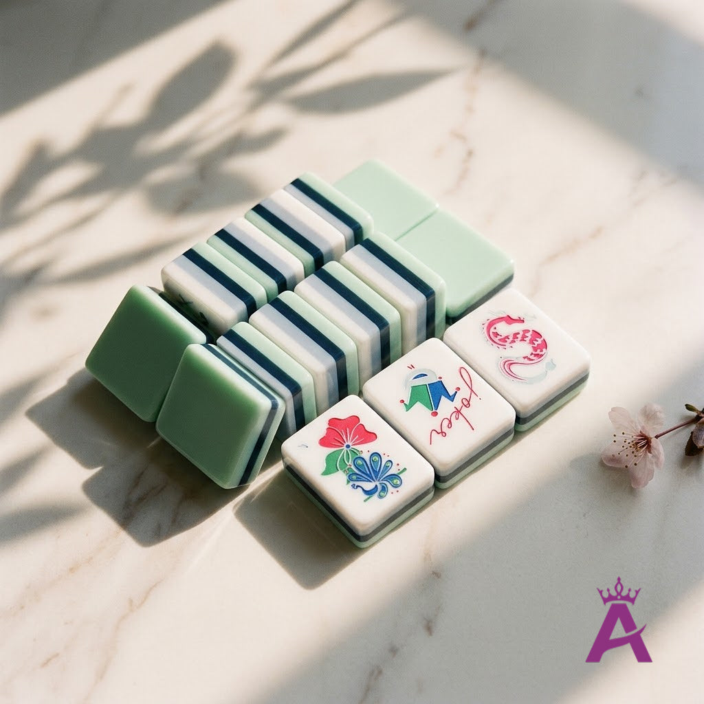Crystal cyan mahjong tiles showing mint backs and navy edges