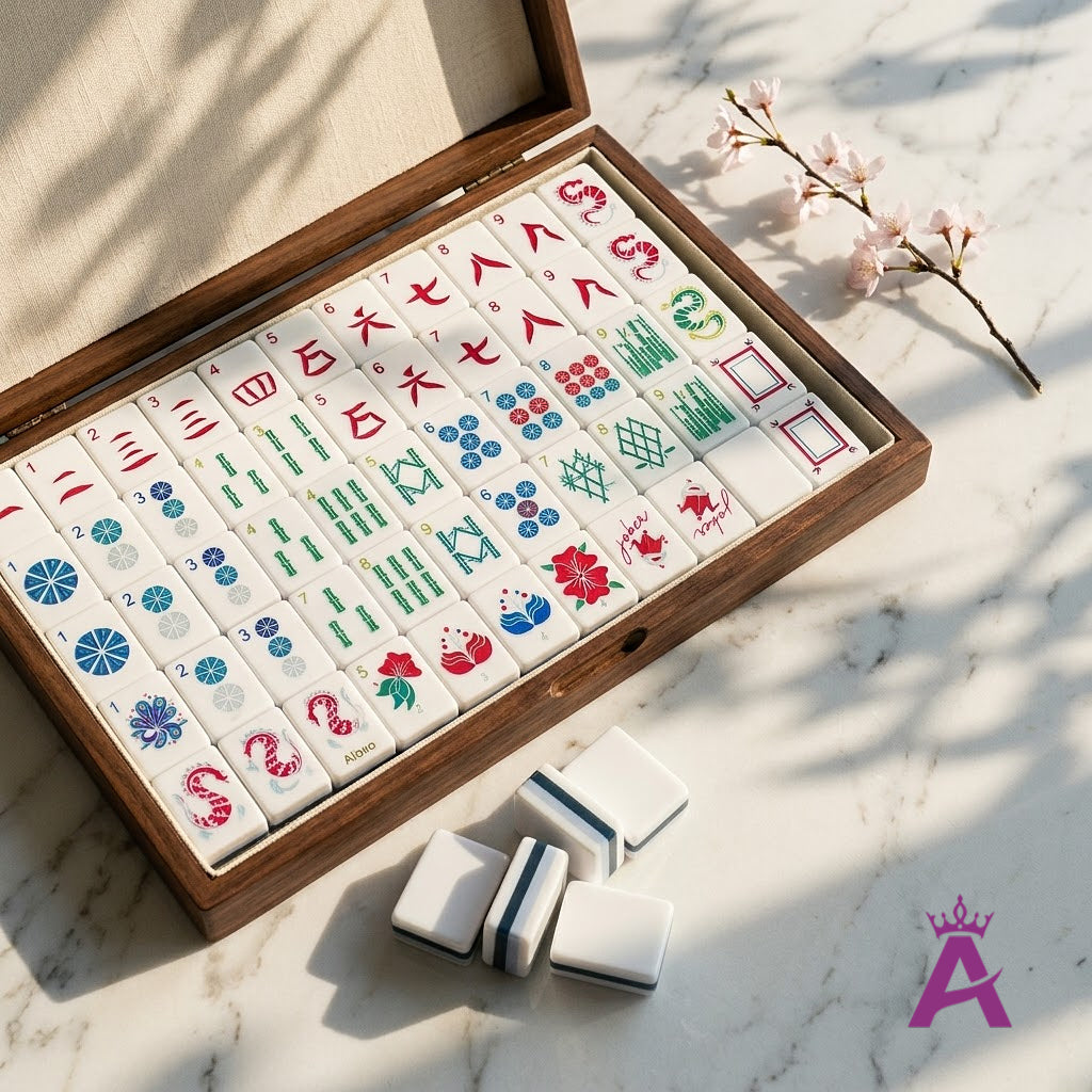 Complete crystal cyan mahjong set in its open case
