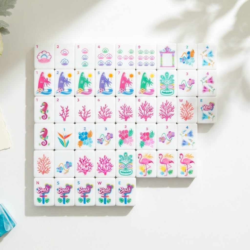 Flamingo Lagoon Mahjong Set tiles laid out face up in rows
