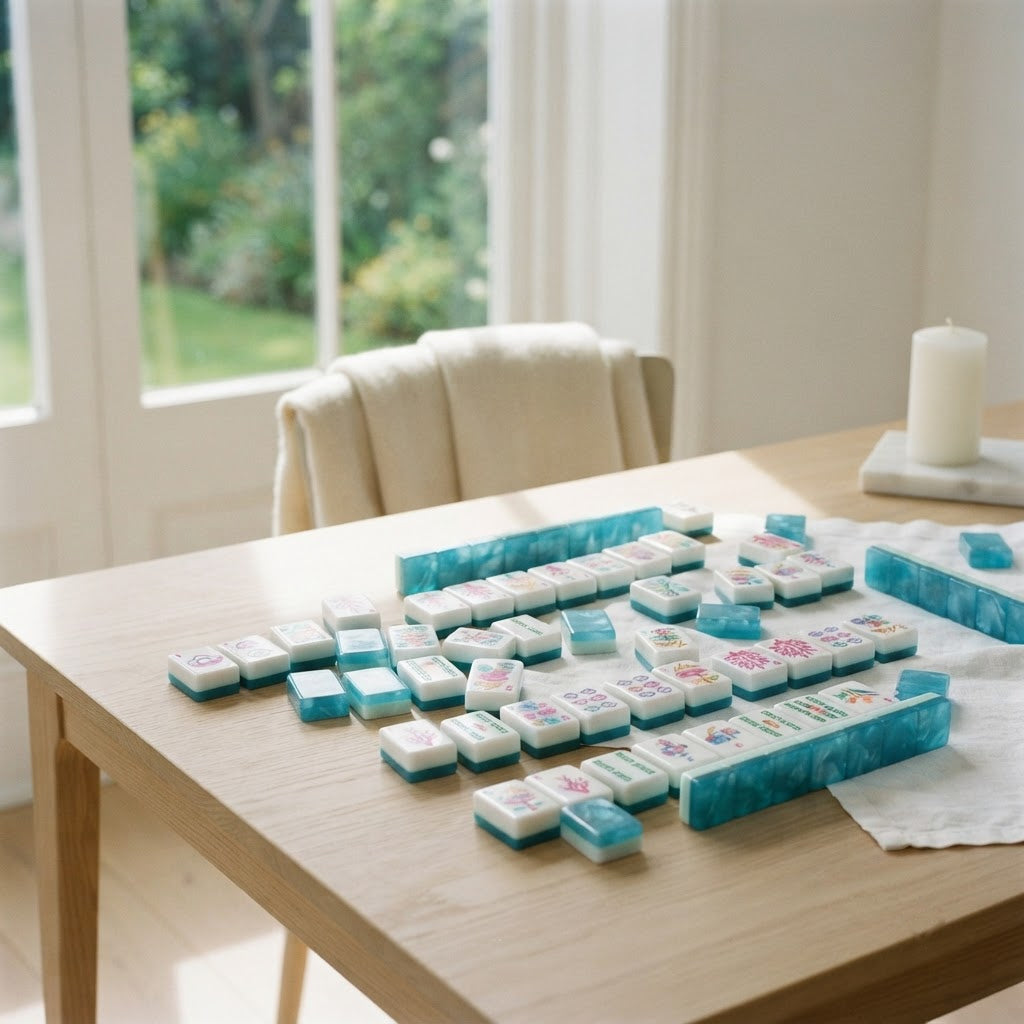 Flamingo Lagoon mahjong tiles on a sunroom table by the window