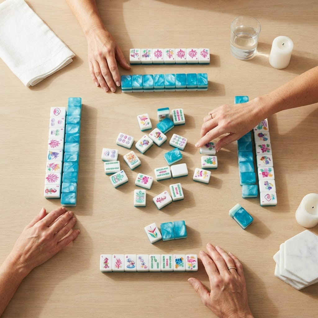 Four players mid-game with Flamingo Lagoon mahjong tiles, seen from above