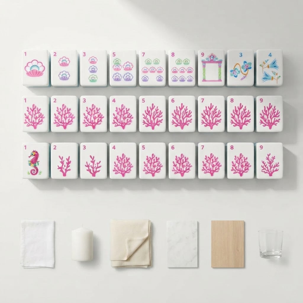 Flamingo Lagoon mahjong tiles showing the three suits in rows