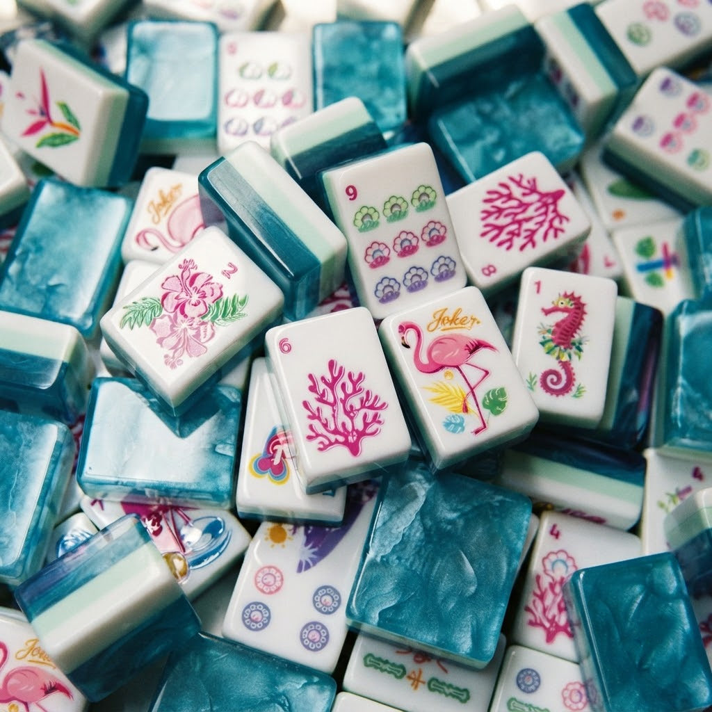 Flamingo Lagoon mahjong tiles in a loose pile
